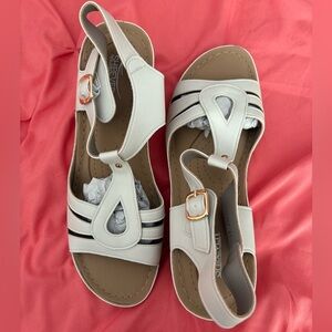 Women's White Slingback Sandals with Gold Buckle